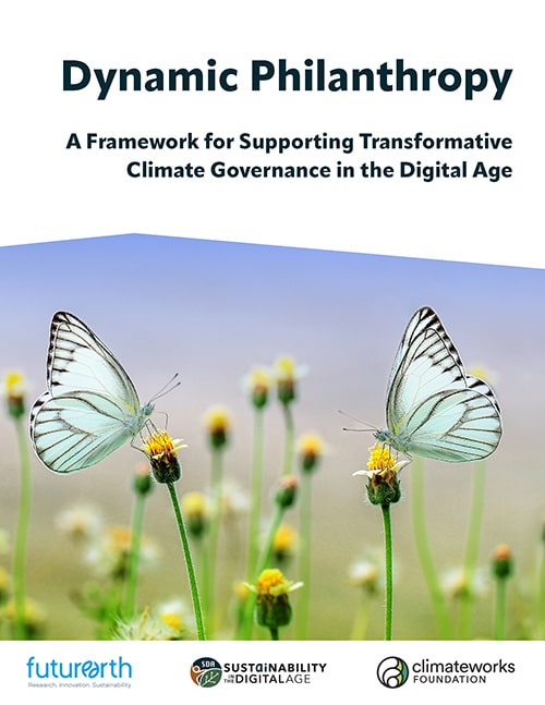 Report cover for Dynamic Philanthropy - A Framework for Supporting Transformative Climate Governance in the Digital Age. Two teal and black coloured butterflies sit on yellow flowers in a field.