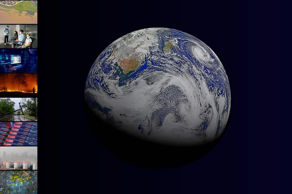 Dark blue background with photo of the Earth taken from space (NASA photo credit.) On the left side of the graphic there are 8 small photos representing global risks. 1. Aerial photo of flooding. 2. Medical clinic with patients with masks on. 3. Cyber criminal in front of computers. 4. Blazing wildfire. 5. Storm damaged electrical pole fallen on street. 6. Screenshot of stocks crashing (economic risks.) 7. View of heavily polluted air over city. 8. Aerial view of burned/deforested forest.