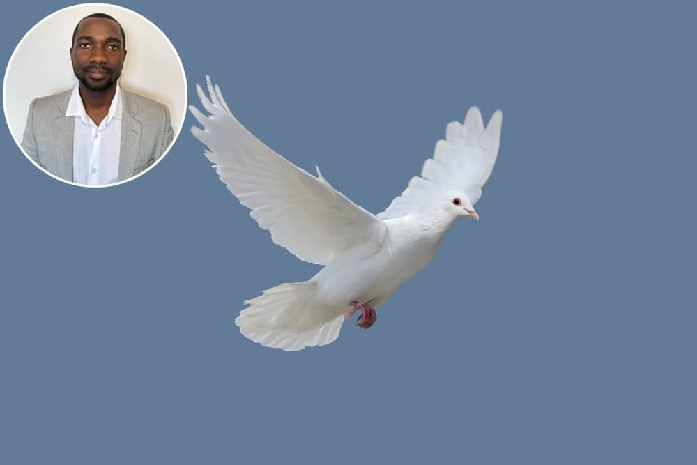 Portrait d'Ernest Habanabakize dans un cercle au-dessus d'une image d'une belle colombe blanche volant dans un ciel bleu.