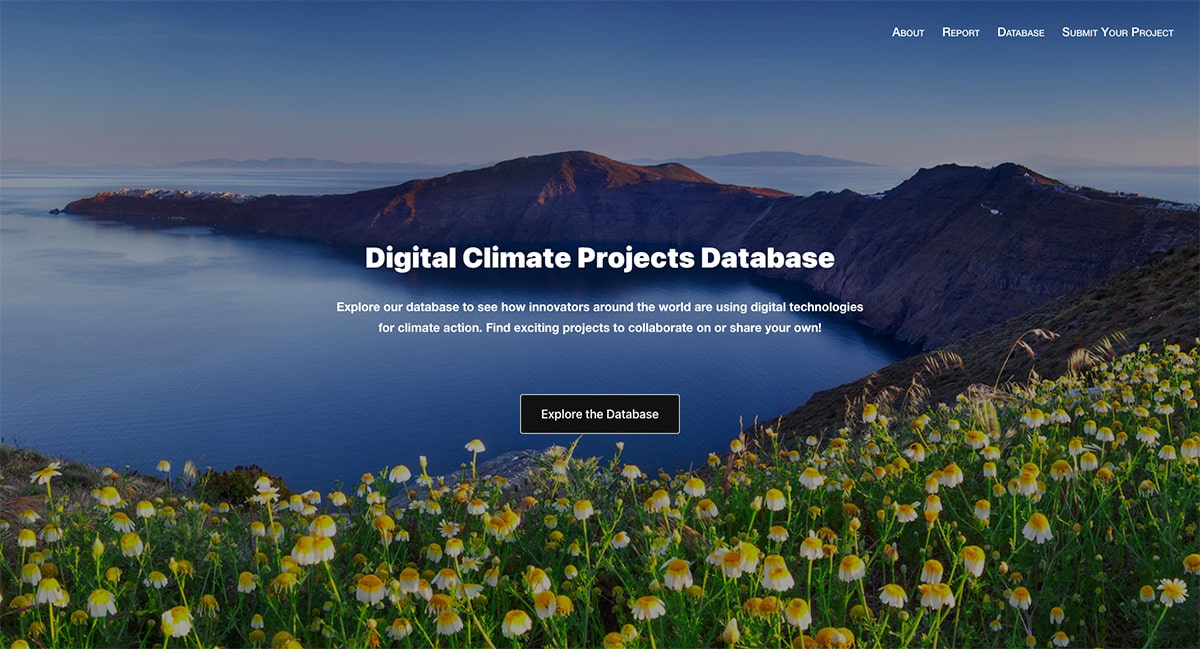 Screenshot of home page of Digital Climate Projects Database website