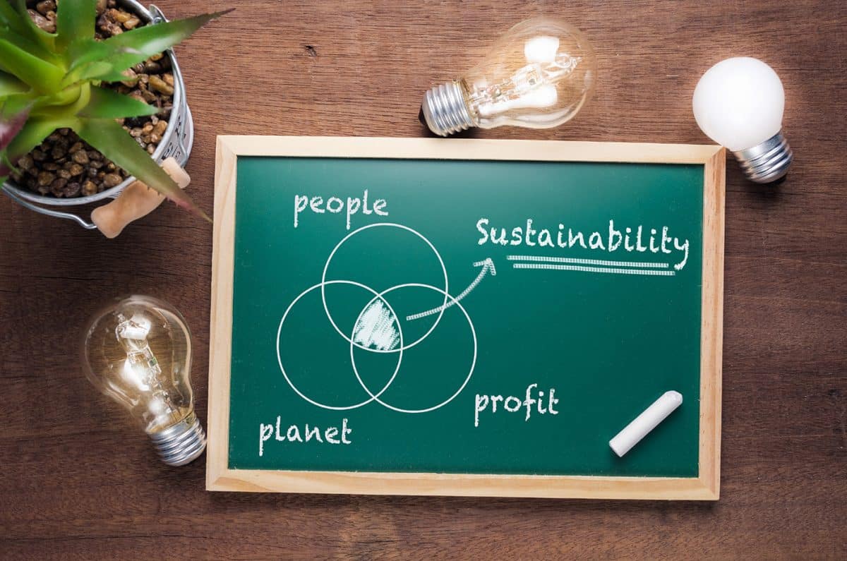 Small blackboard sits on a table surrounded by lights bulbs lit up and a plant. On the blackboard is a Venn diagram in chalk with intersecting circles for "people," "planet," and "profit." An arrow points from the intersection area to the word Sustainability.