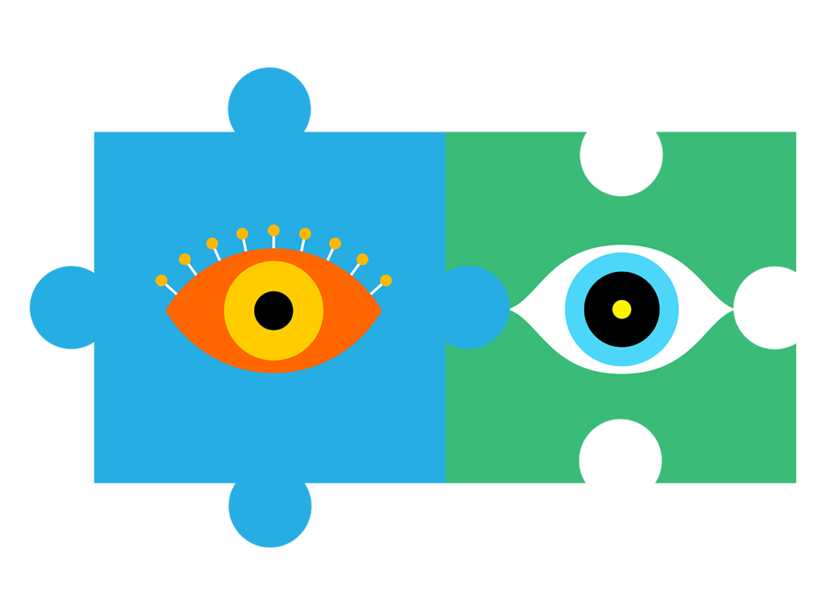 Illustration: two puzzle pieces fitted together. One is a blue puzzle piece with an orange and yellow coloured eye on it. The other is a green puzzle piece with a blue and white coloured eye on it. Concept represents Two-Eyed Seeing.