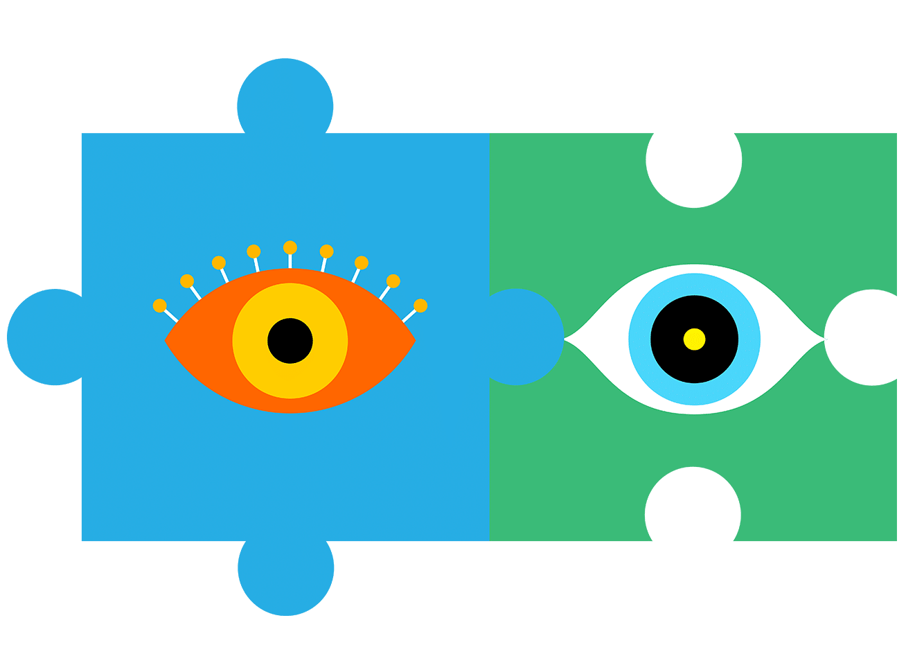 Illustration: two puzzle pieces fitted together. One is a blue puzzle piece with an orange and yellow coloured eye on it. The other is a green puzzle piece with a blue and white coloured eye on it. Concept represents Two-Eyed Seeing.