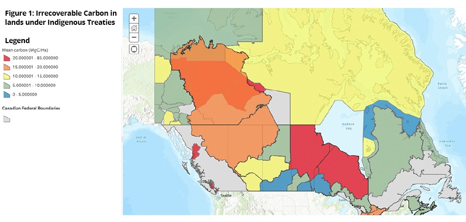 Figure 1: Map of Irrecoverable Carbon in lands under Indigenous Treaties