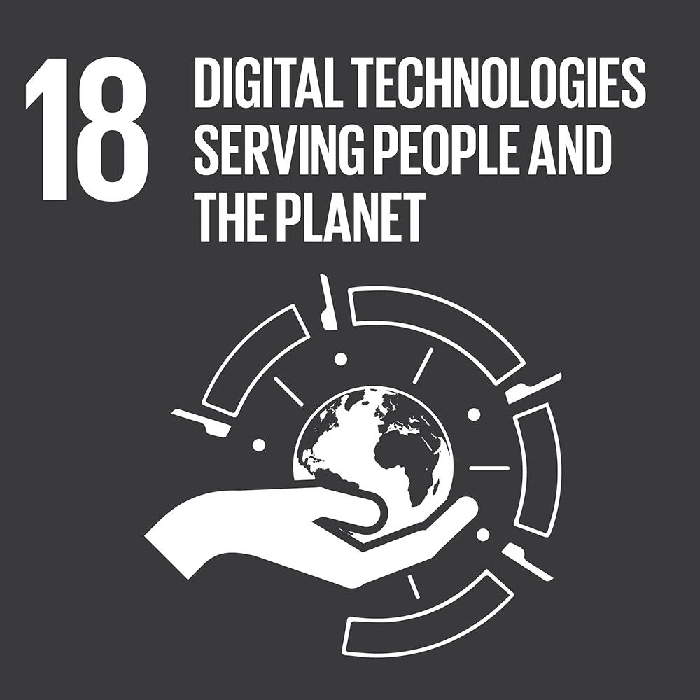 Icon for an SDG18 with a hand holding planet Earth. Text: "Digital technologies serving people and the planet."