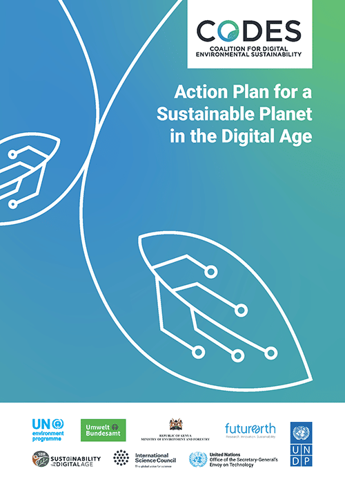 Report cover for CODES Action Plan for a Sustainable Planet in the Digital Age. Background: teal and green with white illustrated digital leaves.