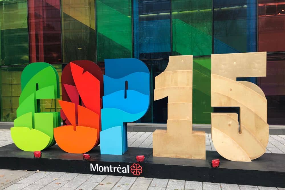 Colourful COP15 sign that was installed on site in Montreal.