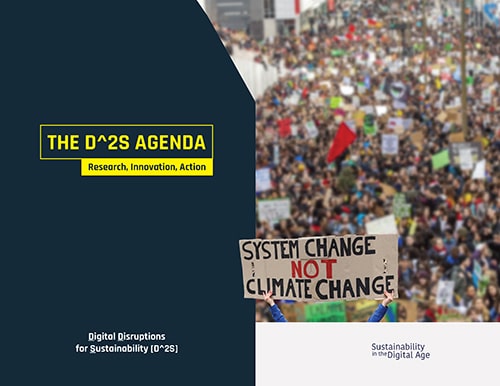 Cover image from D^2S Agenda Report. Left half is dark teal colour. Right half is an image of a climate action march with a foreground image of a placard thar reads: "System Change NOT Climate Change."