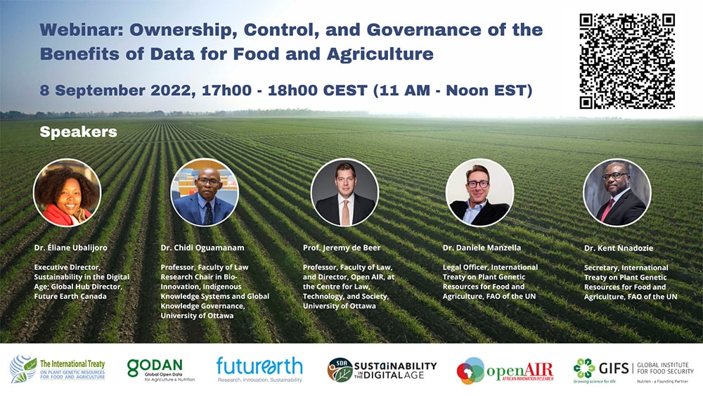 Event invite with speaker photos and logos for webinar on Ownership, Control, and Governance of the Benefits of Data for Food and Agriculture