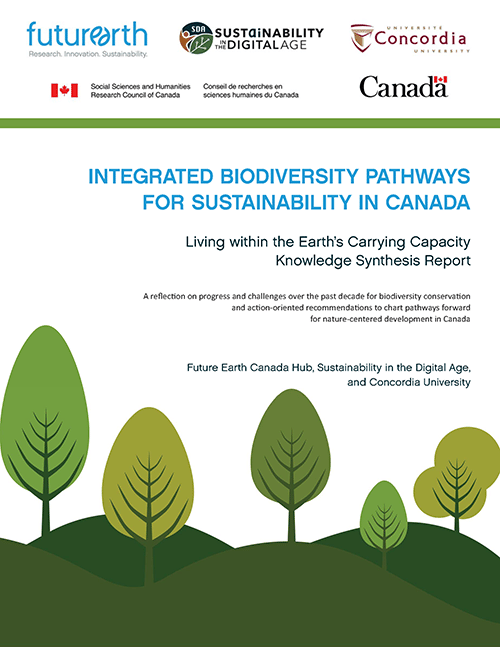 Report cover for Integrated Biodiversity Pathways for Sustainability in Canada. Background: green illustrated trees.
