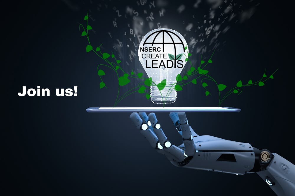 A robot hand holds up digital tablet with a light bulb with the LEADS logo inside and data streaming out of it. Black background. Text: "Join us!"