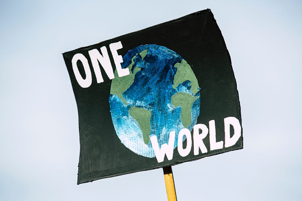 Protest sign with Earth painted on it and the words "One World" in white over the top of black background.
