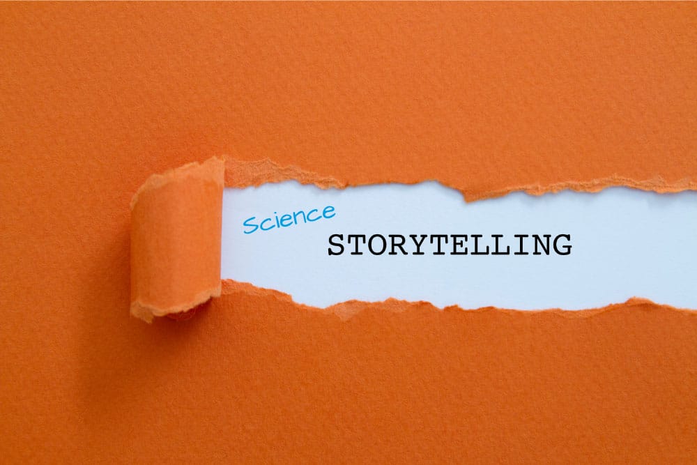Orange background with title: Science storytelling