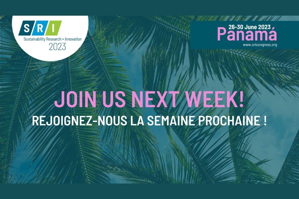 Graphic for SRI2023 with palm tree background, logo, and text: Panama 26-30 June 2023. Join us next week!