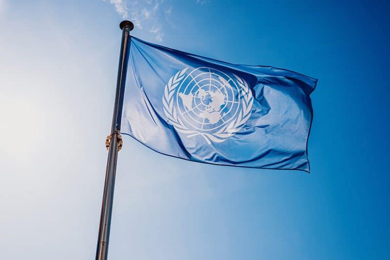 United Nations (UN) flag waving against a blue sky.