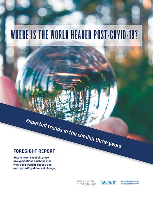 Cover for the Foresight Report "Where is the World Headed Post-COVID-19?" Background image: crystal ball reflecting a forest. Text: "Expected trends in the coming three years."