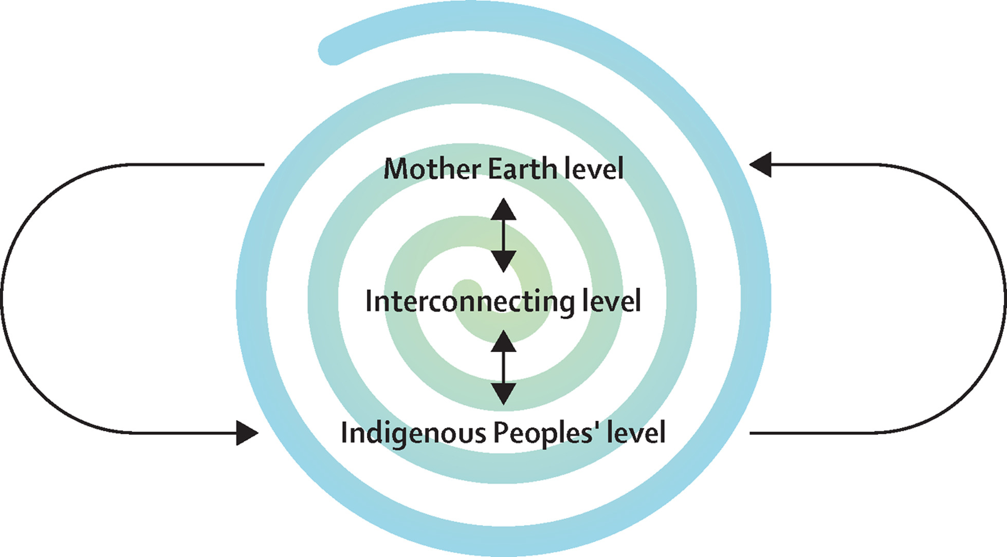 Illustration of the interconnected determinants on a spiral with arrows that show how the Mother Earth-level determinants, Interconnecting determinants, and Indigenous Peoples’ level determinants all work in a reciprocal fashion with each other.