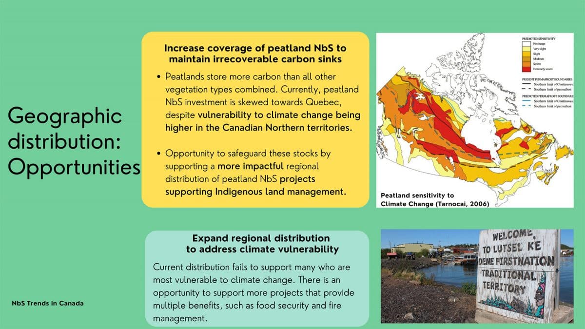 Graphic illustration of Geographic distribution:
Opportunities. Increase coverage of peatland NbS to maintain irrecoverable carbon sinks. Expand regional distribution
 to address climate vulnerability.