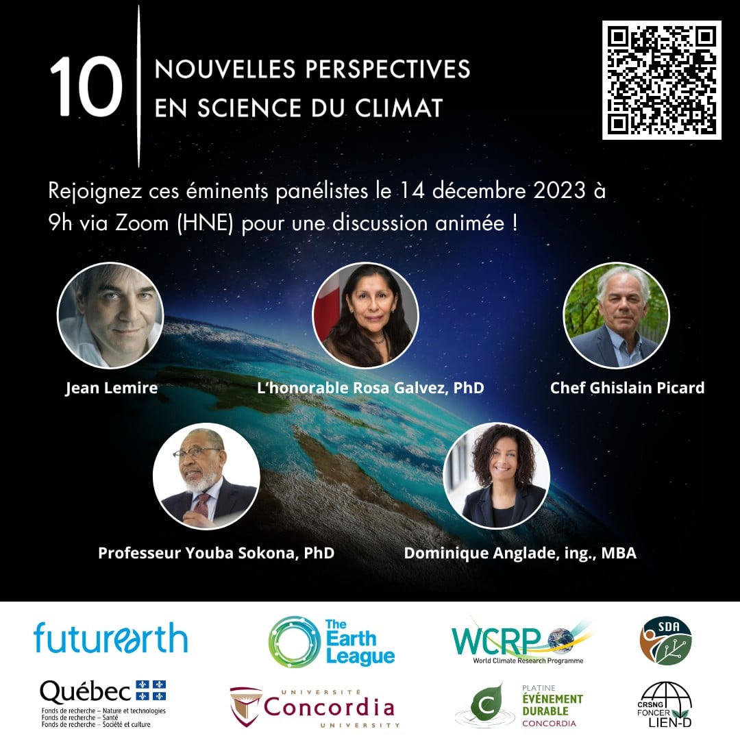 Invitation card with speaker photos and logos for the French event "Lancement des 10 Nouvelles Perspectives en Sciences du Climat 2023." Date: 14 December 2023 at 9am