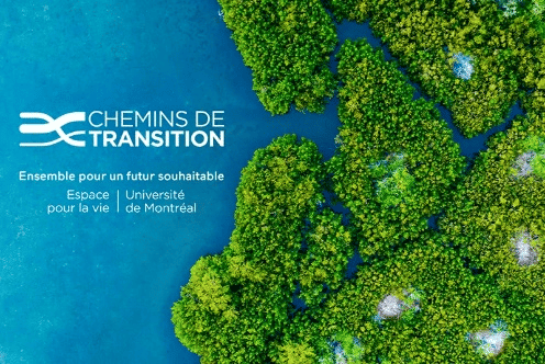 Graphic for "Chemins de transition." Aerial view of trees and water. Text: "Enemble pour un future souhaitable"
